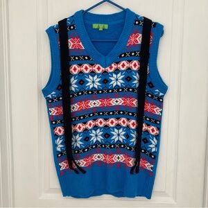 Funny Vintage-look V-Neck Sleeveless Sweater in Vibrant Blue Winter Print Soft